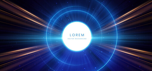 Futuristic circle glowing light effect with sprkle on dark blue background.