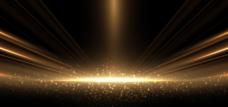 Abstract elegant gold glowing beam with lighting effect sparkle on black background. Template premium award design.