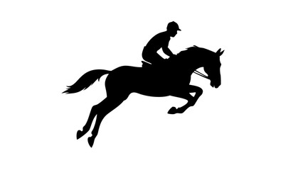 A horse and rider in silhouette mid-jump over a fence, set against a clear sky.  