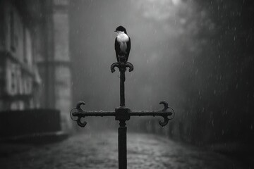 A bird sitting on top of a metal cross in the rain
