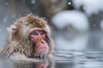 Naklejka premium Snow falls on a japanese macaque submerged in a natural hot spring