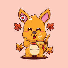 Cute kangaroo holding holding a cup of coffee in autumn day cartoon vector illustration