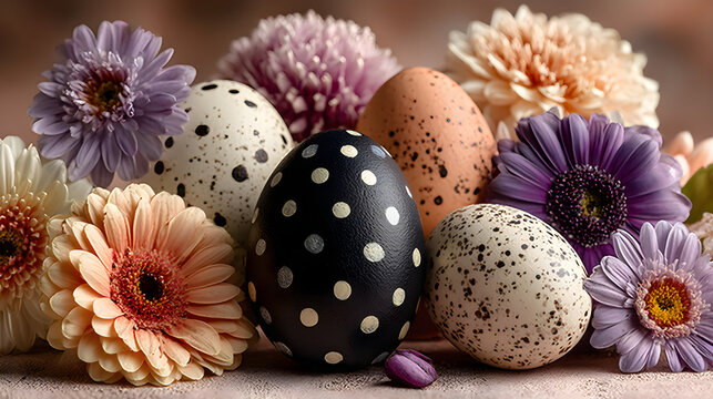 Black and white Easter eggs with polka dots placed among pastel flowers on a soft surface - Powered by Adobe