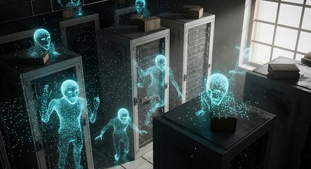 Glowing Digital Figures Emerging From Server Racks in Dark Room