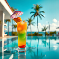 Tropical Cocktail With Umbrella Served On Poolside Bar Table