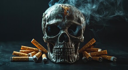 Cigarettes arranged in the shape of a skull on a dark background, a concept representing cigarette smoking and healthcare