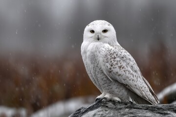 A white owl sitting on top of a rock in the snow