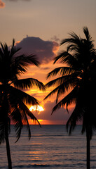 Tropical Sunset Over Calm Sea With Silhouetted Palm Trees