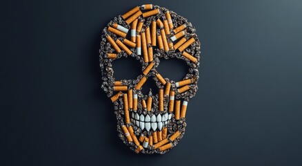 Cigarettes arranged in the shape of a skull on a dark background, a concept representing cigarette smoking and healthcare