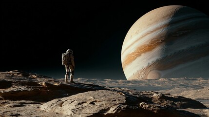 Astronaut, jovian moons, io, ganimed, europa, looking at, jupiter