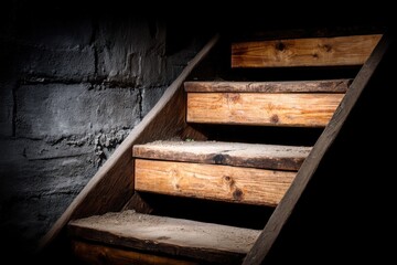 A set of wooden stairs in a dark room
