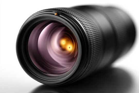 A close up of a camera lens on a white background