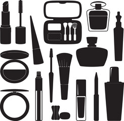 Obraz premium Makeup set with brushes and cosmetic products in black silhouette style