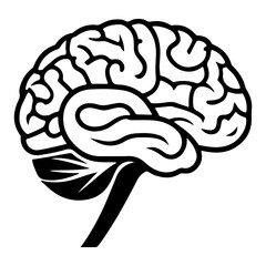 Stylized black and white human brain illustration with clear anatomical details