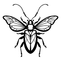 Stylized Black and White Drawing of a Beetle with Open Wings