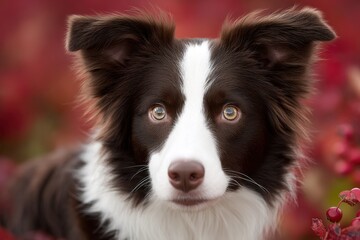 Fototapeta premium A brown and white dog with blue eyes looking at the camera
