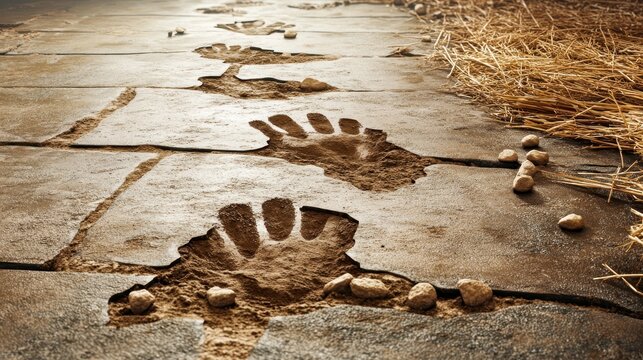 Imprint of Handprints on Weathered Stone Pathway Surrounded by Nature - Powered by Adobe