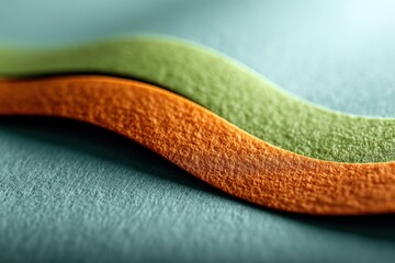 a close up of a green and orange object on a blue surface