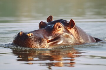 Fototapeta premium A hippopotamus swimming in the water with its mouth open