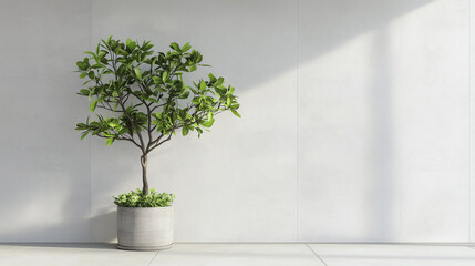 Small green tree in round concrete planter with bright sunlight on white wall background in minimal style interior