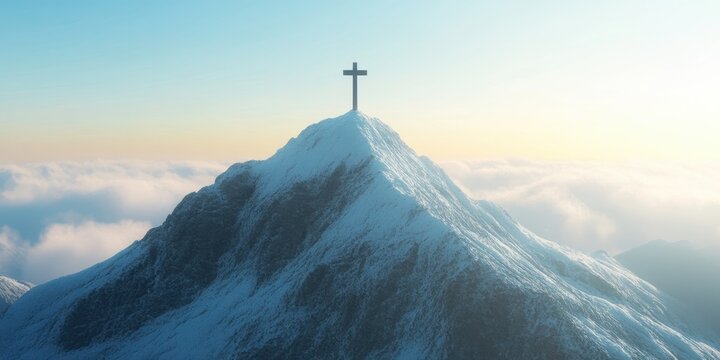 Cross on a Snowy Peak: A lone cross stands atop a majestic, snow-covered mountain peak, reaching towards a serene, clear sky. A symbol of faith. - Powered by Adobe