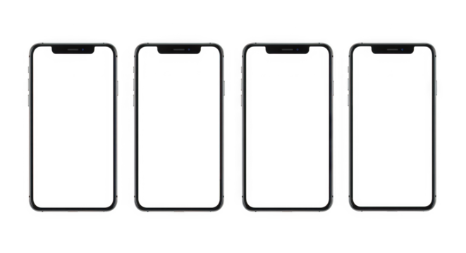 Four smartphones with black screens arranged side by side on transparent background