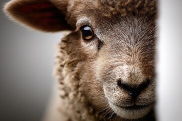 Obraz premium A close up of a sheep's face peeking out from behind a fence