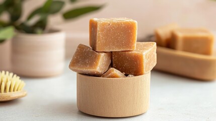 Natural Handmade Soaps in Elegant Wooden Bowl with Soft Background