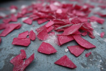 A pile of red shards of glass sitting on top of a table