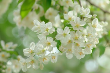 Fototapeta premium Delicate white flowers blooming on a tree branch, celebrating the arrival of spring with beauty and fragrance
