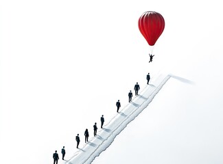 Climbing to Success: A Concept with Business People Walking on the Road Towards One Person Holding a Balloon Above, Isolated on a White Background.