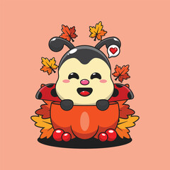 Cute ladybug in a pumpkin in autumn cartoon vector illustration