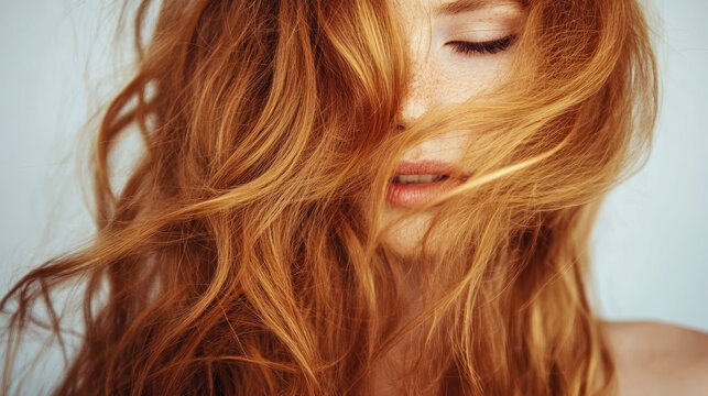 Portrait of a serene ginger woman with flowing hair partially covering her face