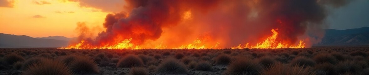 Raging Inferno Wildfire Consumes Desolate Landscape, Smoke Billows Against Stark Sky.  A dangerous, uncontrolled natural disaster unfolds in a remote, dry brush-covered area.