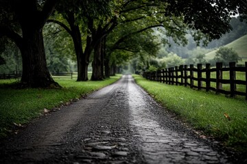 A country road lined with trees and a wooden fence