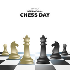 International chess day social media template background, square banner with realistic illustration of chess pieces in chessboard