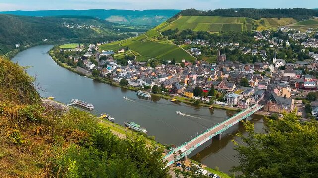 Ancient ruins on a hill opposite the Mosel wine town of Traben-Trarbach, Germany, July 23, 2024. High quality 4k footage
