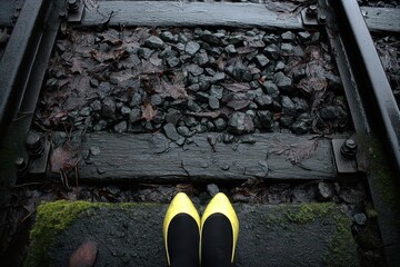 A pair of yellow shoes sitting on a train track