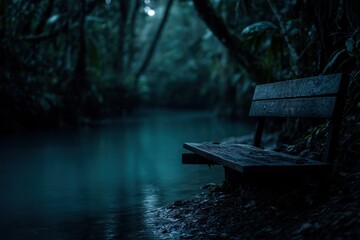 A wooden bench sitting in the middle of a forest next to a body of water