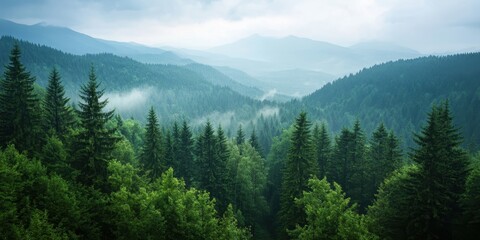 Fototapeta premium Mountain Wilderness: An awe-inspiring scene of a misty mountain range unfolds, where lush green forests and towering peaks merge with the ethereal touch of fog.