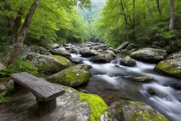 Obraz premium A wooden bench sitting on top of a rock next to a stream