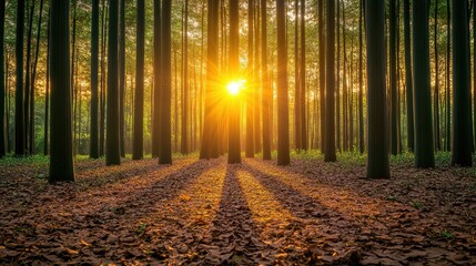 Obraz premium Enchanting Sunrise in Serene Forest with Sunbeams Through Trees