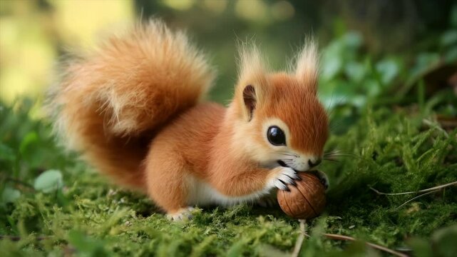 Adorable reddish-brown squirrel playfully holding a walnut amidst lush green moss