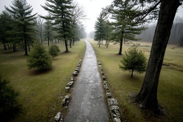 A stone path in the middle of a grassy field surrounded by trees