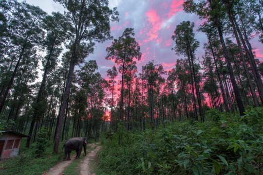 A lone elephant walking down a dirt road in a forest