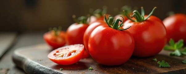 Juicy, vine-ripened diner tomato, glistening with freshness, ready to be sliced for a classic burger or sandwich Perfect for adding a burst of flavor to any meal , vegetable, delicious, salad