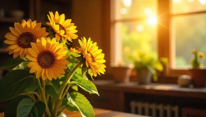 Sun-Drenched Sunflowers Rustic Interior with Warm Golden Light, Cozy and Inviting Atmosphere, Perfect for Home Decor and Lifestyle Photography