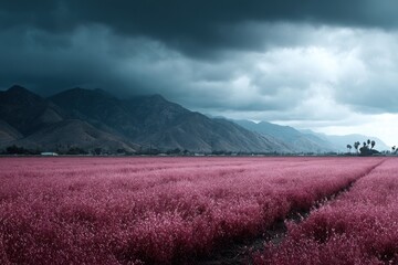 Naklejka premium A field of pink flowers under a cloudy sky