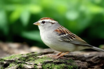 Fototapeta premium A small bird sitting on top of a moss covered log