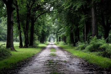 Naklejka premium A dirt road in the middle of a lush green forest